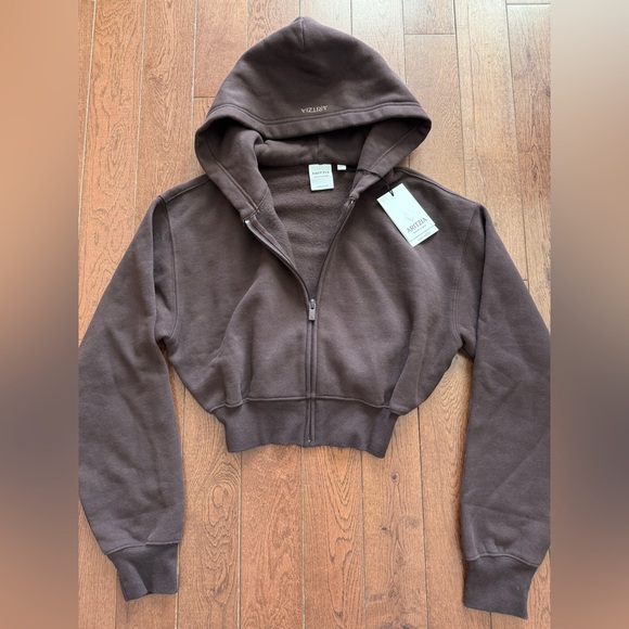 Aritzia cozy sweatfleece perfect crop zip hoodie cropped rich mocha brown NWT - Picture 4 of 4